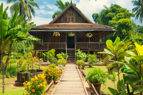 An AI generative image of rumah kampung with nature during afternoon.