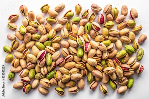 raw unshelled pistachios scattered on white background top view
