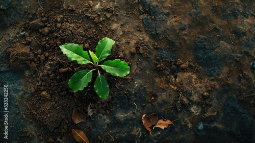 An overhead shot of a tiny tree sapling growing in nutrient-rich soil, with a few fallen leaves nearby, illustrating natural growth photo