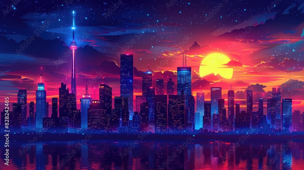 An abstract cityscape with futuristic skyscrapers and neon lights illuminating the night sky An abstract cityscape with futuristic skyscrapers and neon lights illuminating the night sky