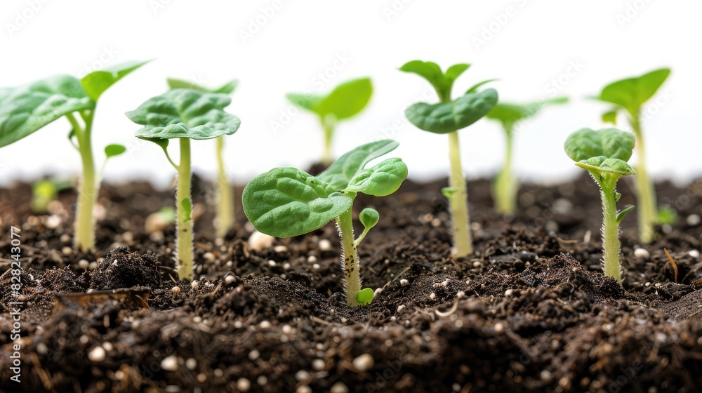 Several young seedlings emerging from rich soil, showcasing the early stages of growth and development, on a white background Several young seedlings emerging from rich soil, showcasing the early stages of growth and development, on a white background