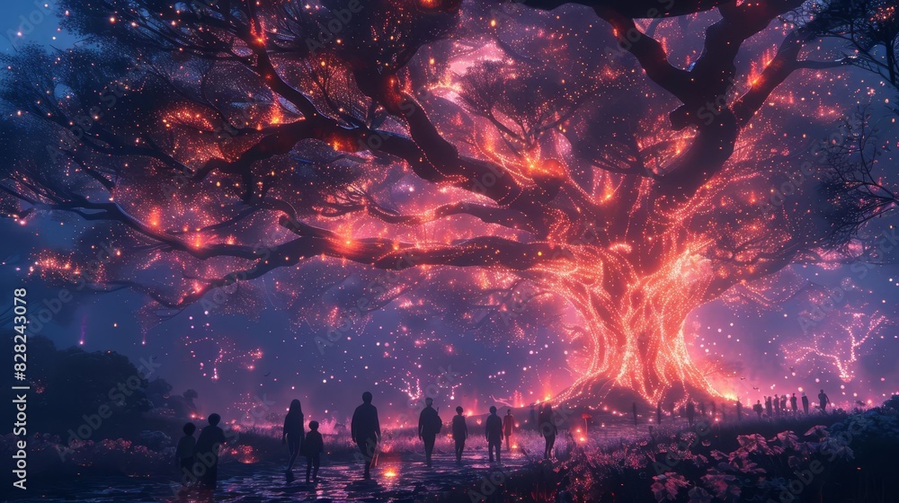 Fototapeta premium A vibrant scene of people engaging in forest bathing, walking through an enchanted forest with glowing trees and mystical creatures