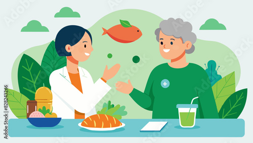 The nutritionist and her elderly client discuss the benefits of including antiinflammatory foods like leafy greens and fatty fish into their holistic nutrition plan for improved. Vector illustration