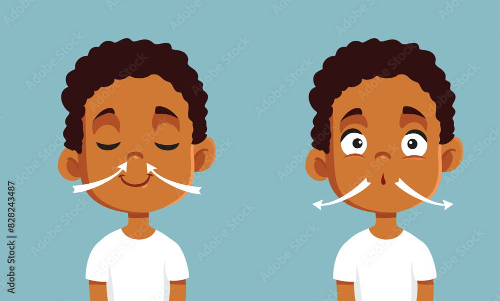Little Boy Inhaling and Exhaling Vector Cartoon illustration. Healthy asthma patient breathing normally with calm
Little Boy Inhaling and Exhaling Vector Cartoon illustration. Healthy asthma patient breathing normally with calm