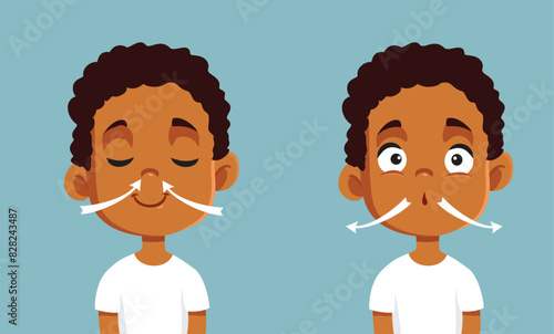 Little Boy Inhaling and Exhaling Vector Cartoon illustration. Healthy asthma patient breathing normally with calm
