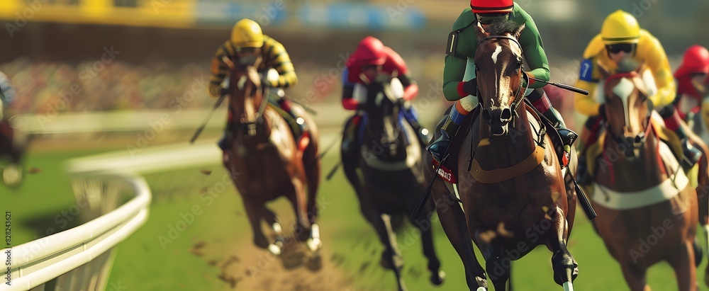 Naklejka premium Horses and jockeys racing on the track during a horse race, close up.