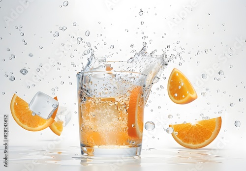 Dynamic scene of orange being poured into an icefilled glass, with droplets and splashes visible in the air photo