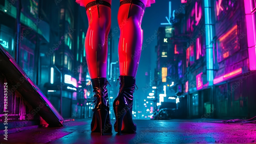 Fototapeta premium Cyberpunk Lingerie Edge A model s lower body and legs in cyberpunk inspired stockings