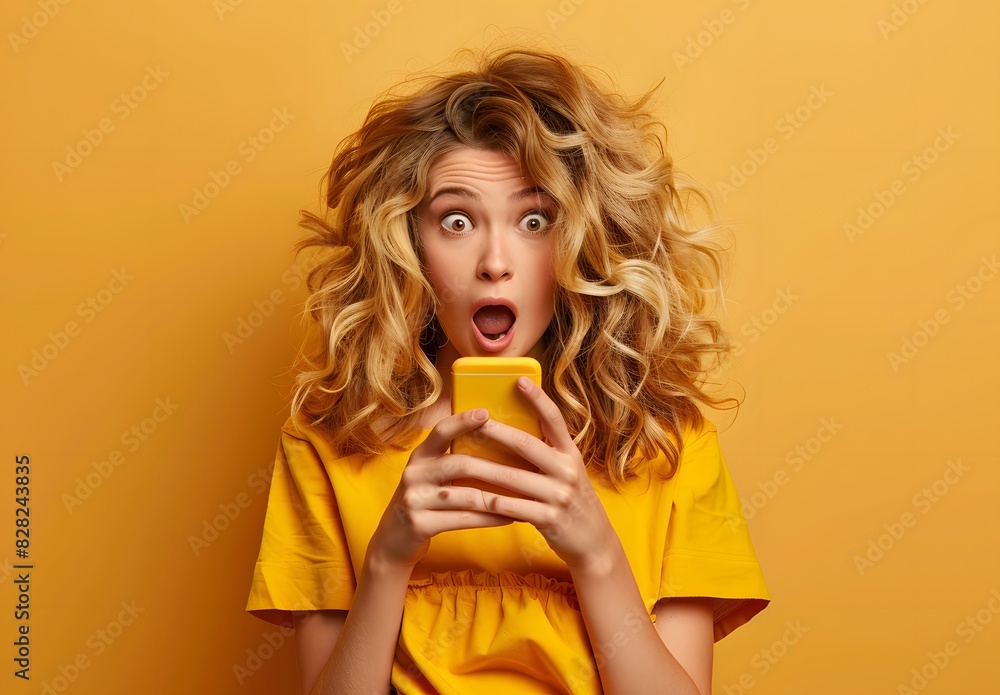 Woman holding smartphone looking at camera with surprised expression isolated on yellow background
