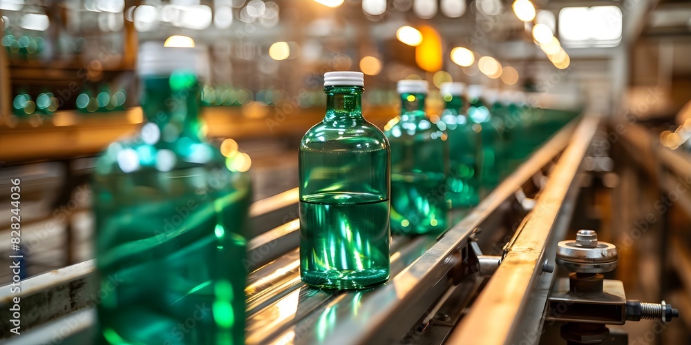 Green glass bottles moving on conveyor belt in factory production line. Concept Factory Automation, Manufacturing Process, Conveyor System, Green Glass Bottles, Production Line Green glass bottles moving on conveyor belt in factory production line. Concept Factory Automation, Manufacturing Process, Conveyor System, Green Glass Bottles, Production Line