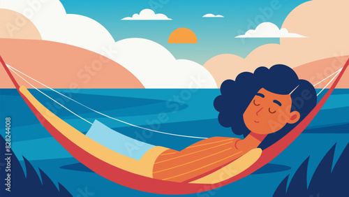 While lying in a hammock a person closes their eyes and focuses on their breath allowing the gentle swaying motion and the soothing sounds of the ocean to lull them into a state of. Vector