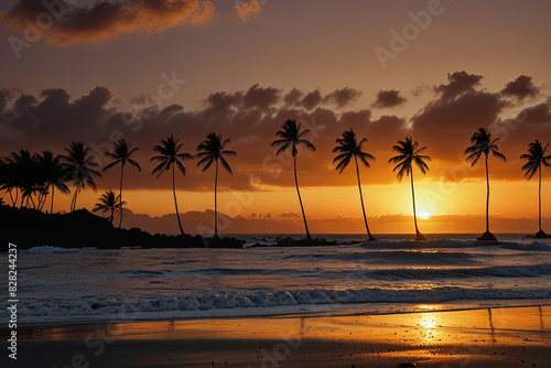 Burnt orange sunrise over a black sand beach with palm trees. 