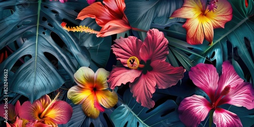A photo of a variety of tropical flowers and leaves. AIG51A.