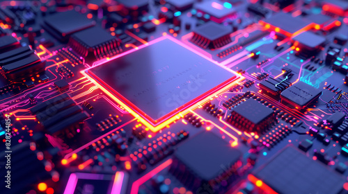 A futuristic digital chip on a sleek motherboard with luminescent circuits.