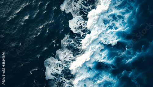 An aerial view of ocean waves crashing and creating white foam, set against a deep blue sea, depicting the power of nature. Generative AI