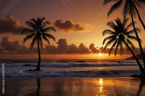 Burnt orange sunrise over a black sand beach with palm trees. 
