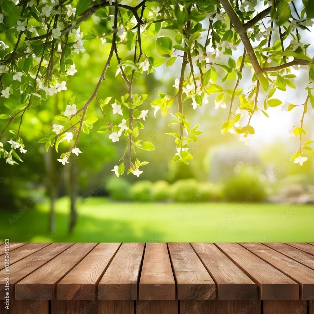 Peaceful Garden Scene with Blossoming Tree and Sunlight Peaceful Garden Scene with Blossoming Tree and Sunlight
