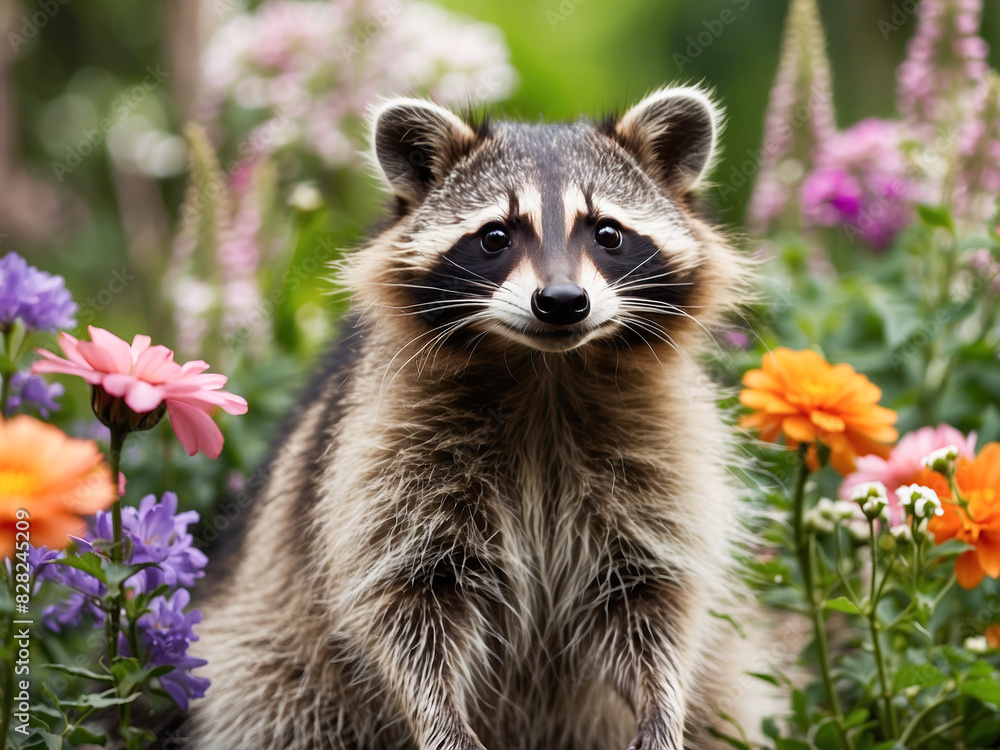 Background with happy funny raccoon on floral background Background with happy funny raccoon on floral background