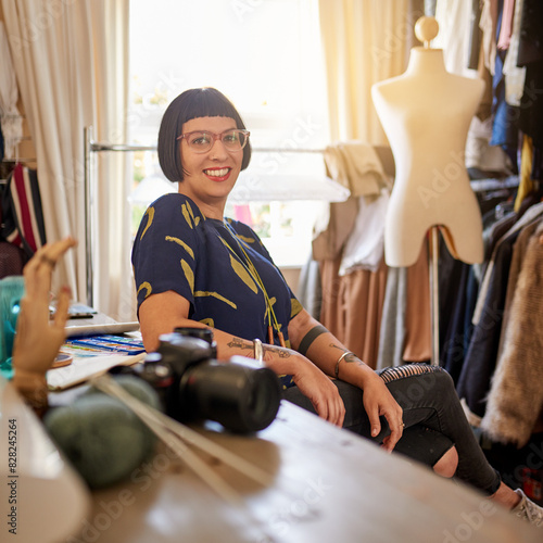 Εκτύπωση καμβά Portrait, woman and fashion designer in atelier with smile as stylist for company or customer as entrepreneur