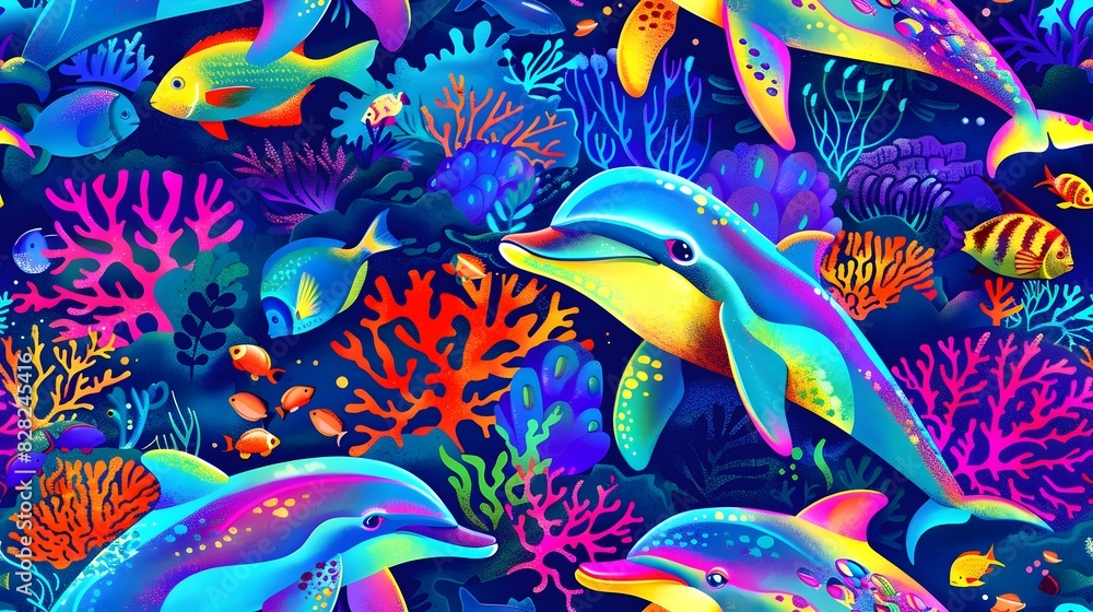 Fototapeta premium Vibrant Underwater Dreamscape with Joyful Dolphins and Coral Reef Structures