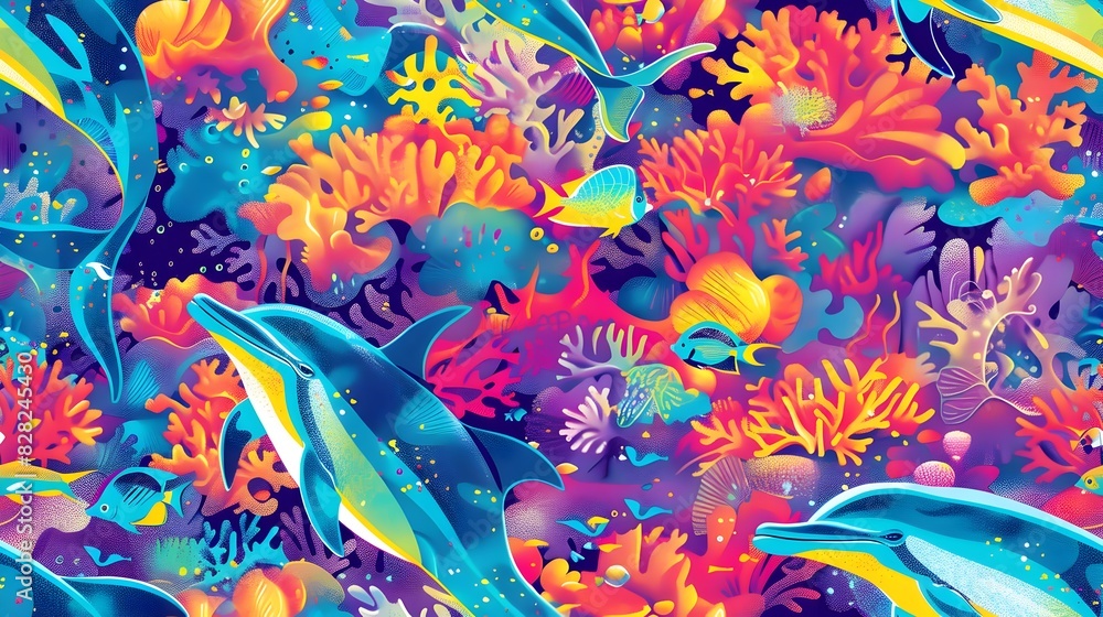 Vibrant Underwater Seascape with Dolphins Effortlessly Gliding Through Intricate Coral Formations and Shimmering Schools of Tropical Fish Vibrant Underwater Seascape with Dolphins Effortlessly Gliding Through Intricate Coral Formations and Shimmering Schools of Tropical Fish
