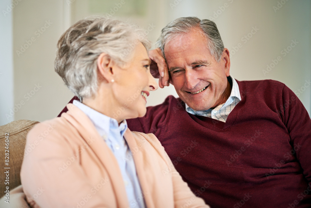 Senior couple, couch and relax in home with love, marriage and romance for man and woman in living room. Sofa, smile and support or solidarity for relationship, retirement and trust for happy people Senior couple, couch and relax in home with love, marriage and romance for man and woman in living room. Sofa, smile and support or solidarity for relationship, retirement and trust for happy people