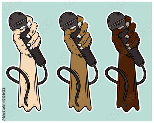 Graphic flat design drawing stylized singer hand using microphone logo. Karaoke people sings the song to microphone. Stand up comedian holding microphone in his hand. Cartoon style vector illustration