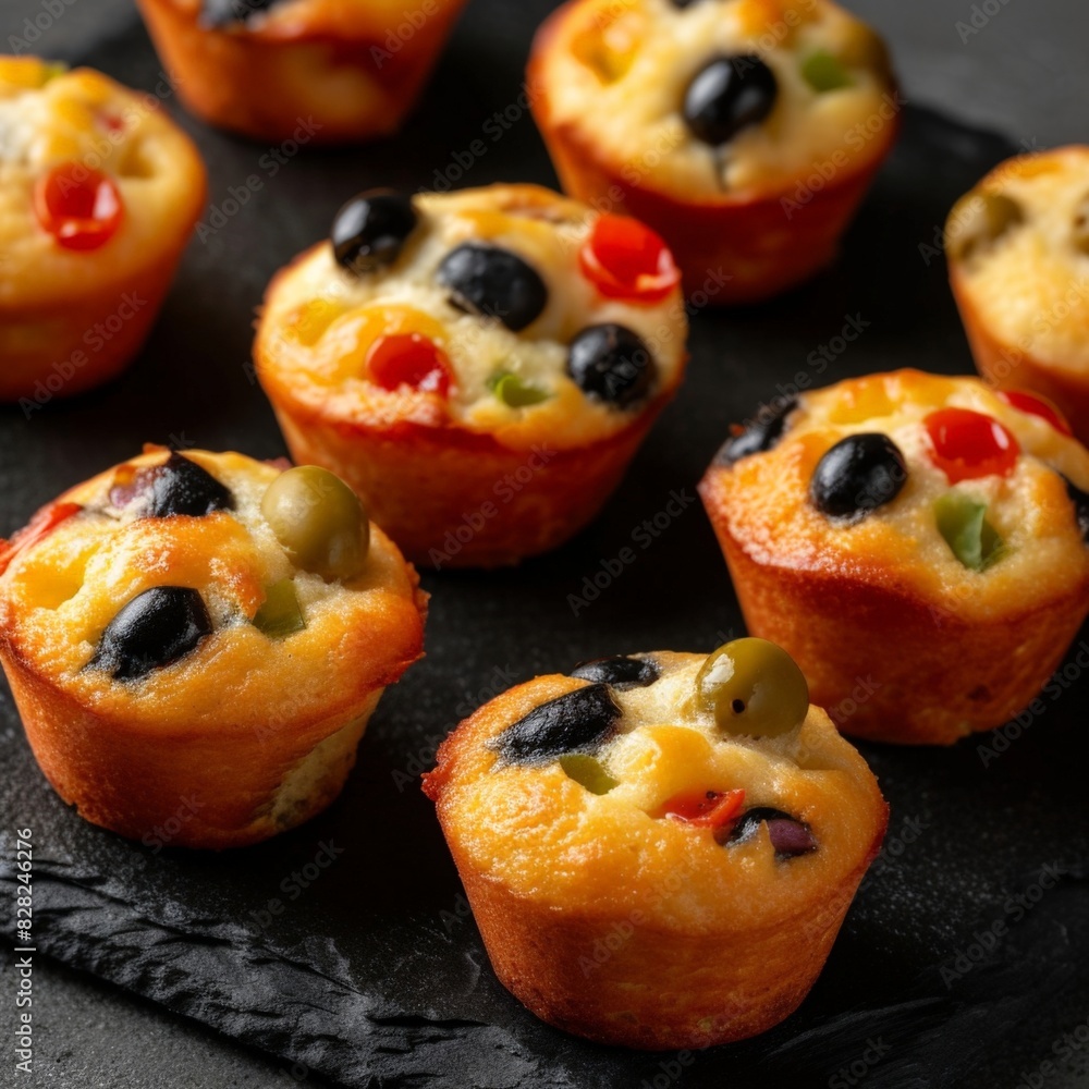 Gourmet Mini Pizza Muffins with Olives and Peppers on a Slate Tray