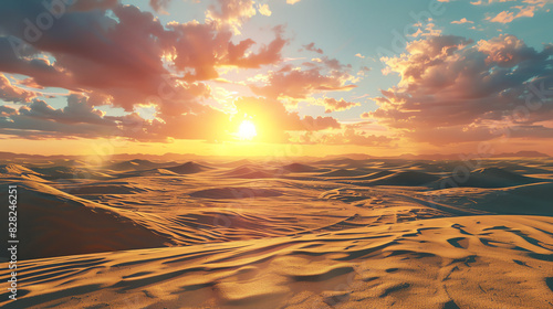 An aerial view of a vast desert landscape with sand dunes at sunset photo