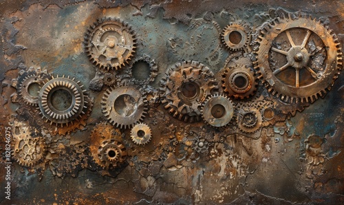Vintage cogs and gears neatly arranged in artistic composition.