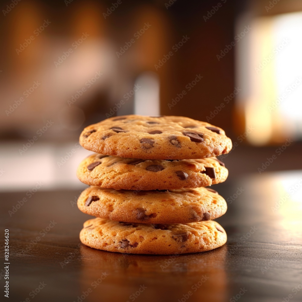 Tempting Stack of Chocolate Chip Cookies on Wooden Table