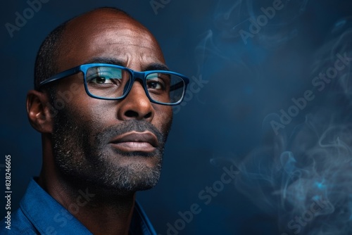 Thoughtful African American Man with Glasses Surrounded by Smoke on Dark Background