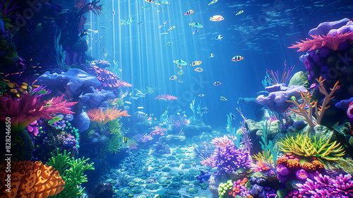 An image of a coral reef. The reef is full of colorful fish and coral. The water is clear and blue.