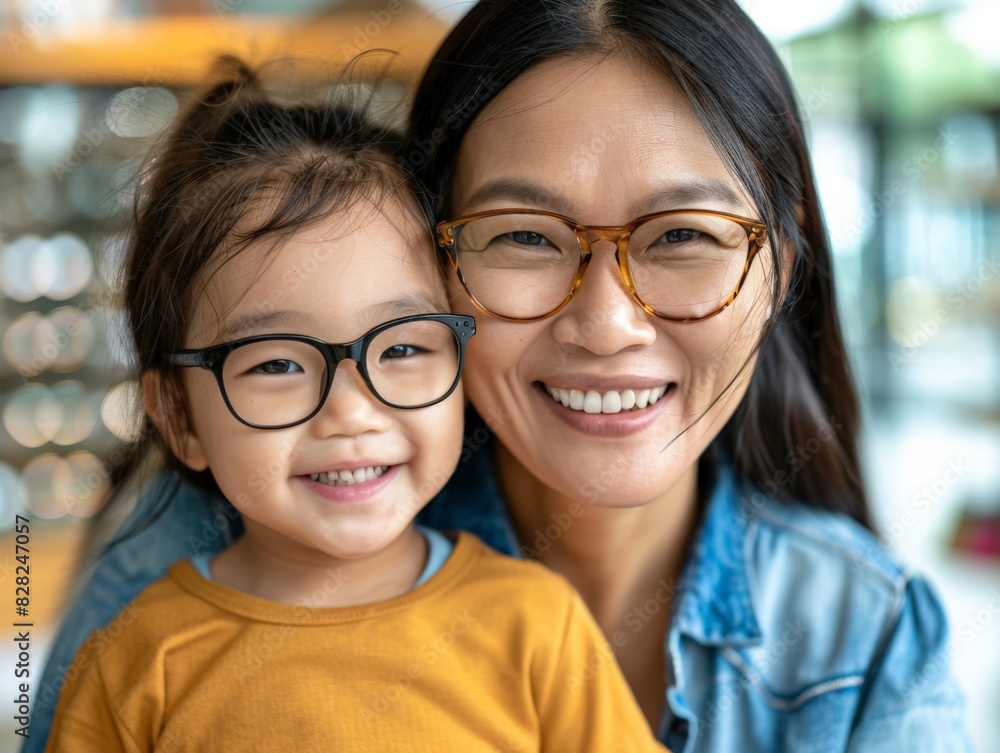 Cheerful Asian Mother and Daughter Wearing Glasses Smiling Together Cheerful Asian Mother and Daughter Wearing Glasses Smiling Together