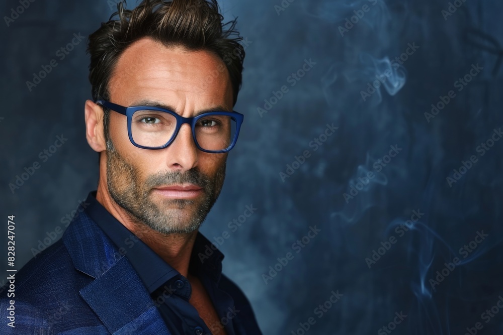 Fototapeta premium Handsome Man with Blue Glasses Posing in Dark Atmospheric Setting
