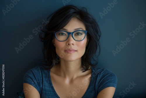 Confident Modern Professional Woman with Stylish Glasses on Blue Background