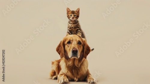 Adorable Cat Perched on a Calm Golden Retriever's Head Against a Neutral Background