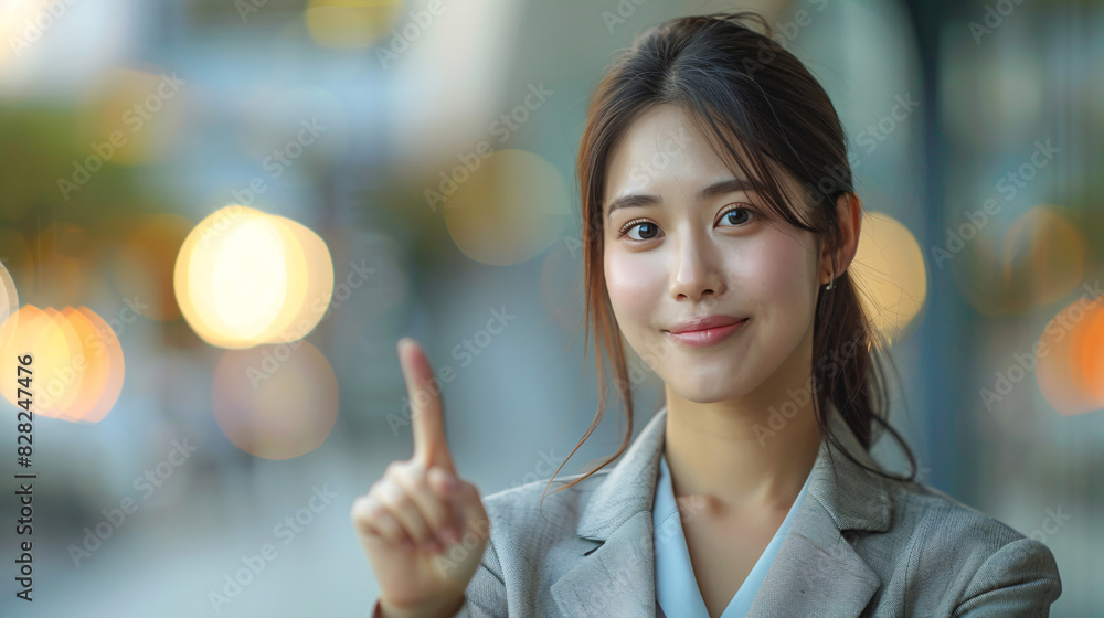 Asian businesswoman standing and presenting a product with a finger pointing to copy space Asian businesswoman standing and presenting a product with a finger pointing to copy space