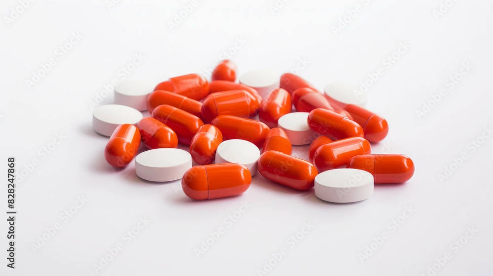 A pile of red and white pills on a white background, representing medication, healthcare, and pharmaceutical concepts. A pile of red and white pills on a white background, representing medication, healthcare, and pharmaceutical concepts.
