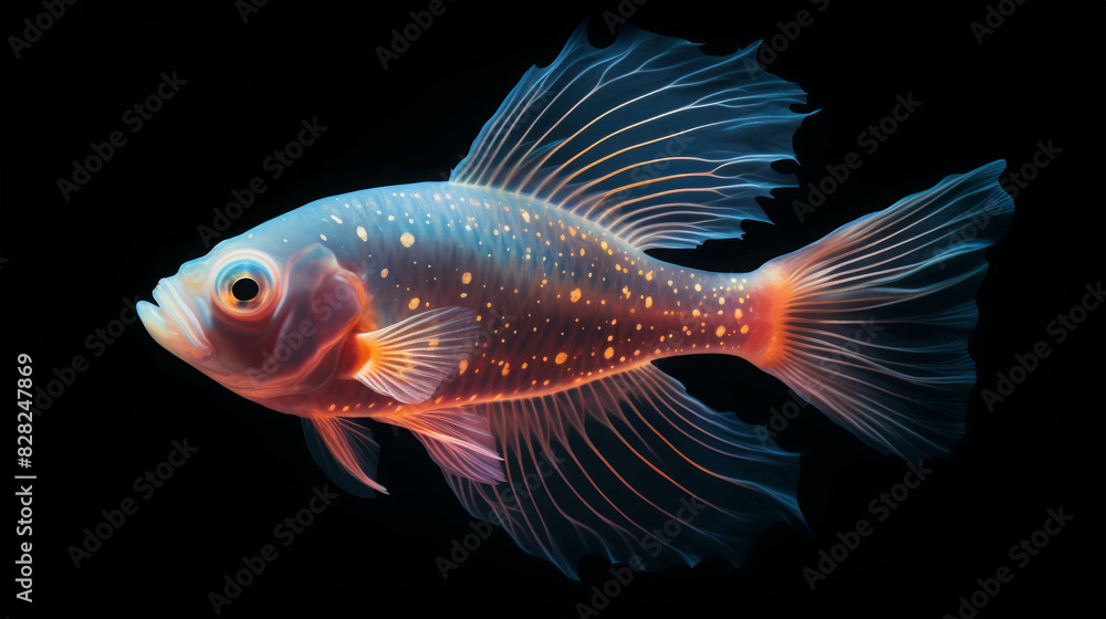 A vibrant, colorful fish with delicate fins against a black background. It showcases intricate patterns and a mesmerizing contrast of colors. A vibrant, colorful fish with delicate fins against a black background. It showcases intricate patterns and a mesmerizing contrast of colors.