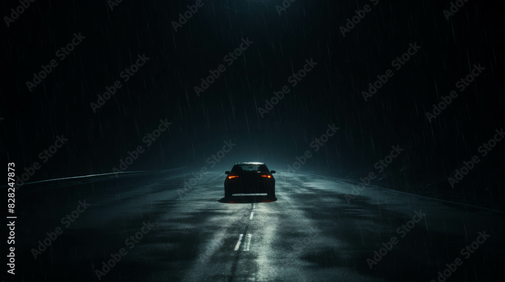 A lone car driving on a dark, wet road at night, illuminated by streetlights. Mysterious and moody atmosphere captured in the photograph. A lone car driving on a dark, wet road at night, illuminated by streetlights. Mysterious and moody atmosphere captured in the photograph.