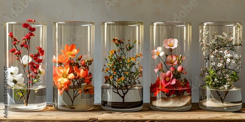 Bright blossoms preserved in glass vessels showcasing natures beauty in confinement. Concept Floral Arrangements, Botanical Decor, Nature-Inspired Art, Glass Containers, Garden Enchantment