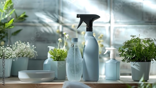 Ecofriendly cleaning products for a healthier sustainable home environment. Concept Eco-friendly Cleaning, Sustainable Home, Healthier Environment, Green Living, Non-toxic Cleansers photo