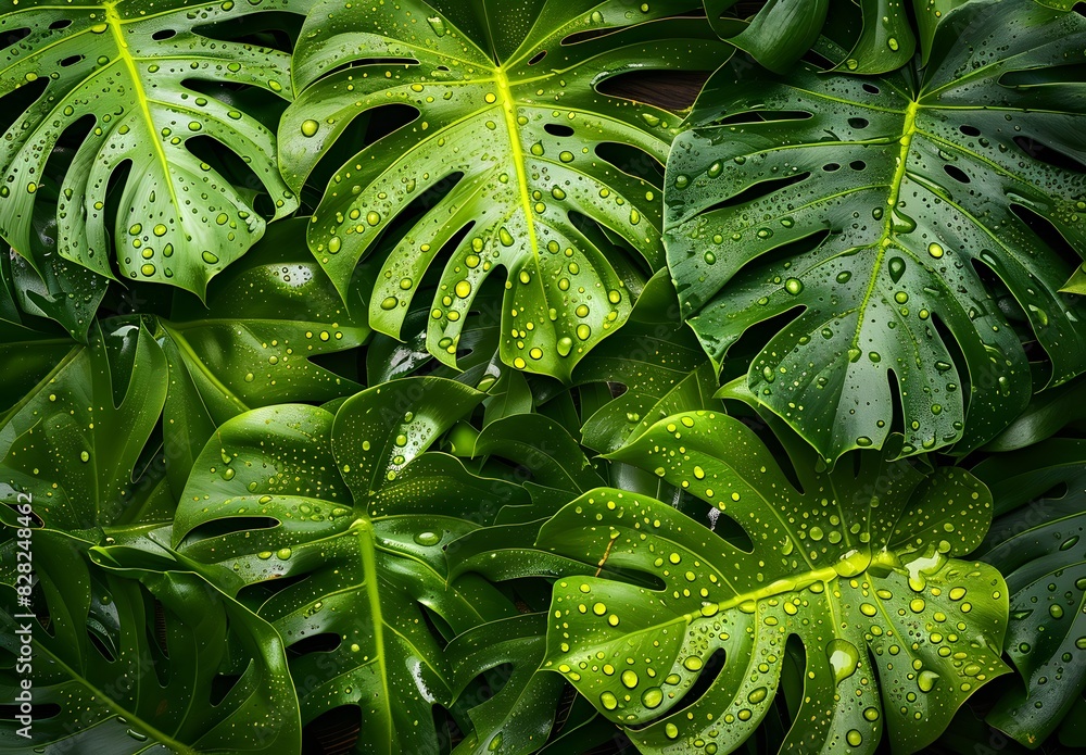 Fototapeta premium Top view of Monstera leaves with water drops, lush green foliage background