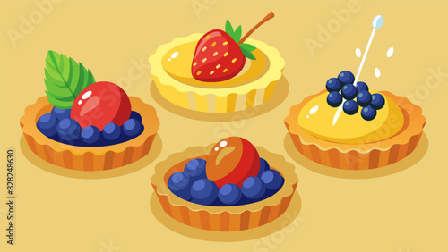Miniature fruit tarts topped with a medley of fresh berries and a drizzle of honey.. Vector illustration
