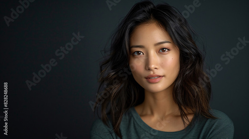 Beautiful Asian woman standing and gesturing towards empty space for advertising