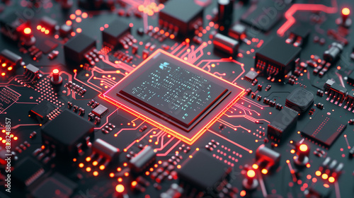 A macro shot of a CPU with visible circuit paths and connectors surrounding it.