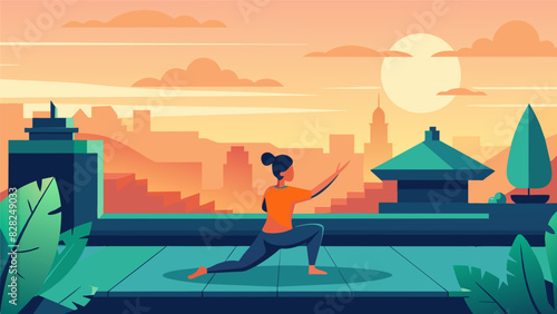 In the quiet solitude of a rooftop garden one can find peace and focus through the gentle discipline of a Tai Chi practice at sunrise.. Vector illustration