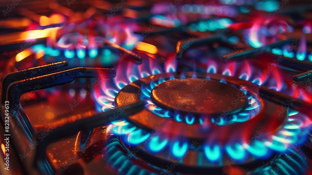 A closeup of a gas stove burner with glowing blue and red flames, the vibrant colors dancing against the sleek metal surface A closeup of a gas stove burner with glowing blue and red flames, the vibrant colors dancing against the sleek metal surface