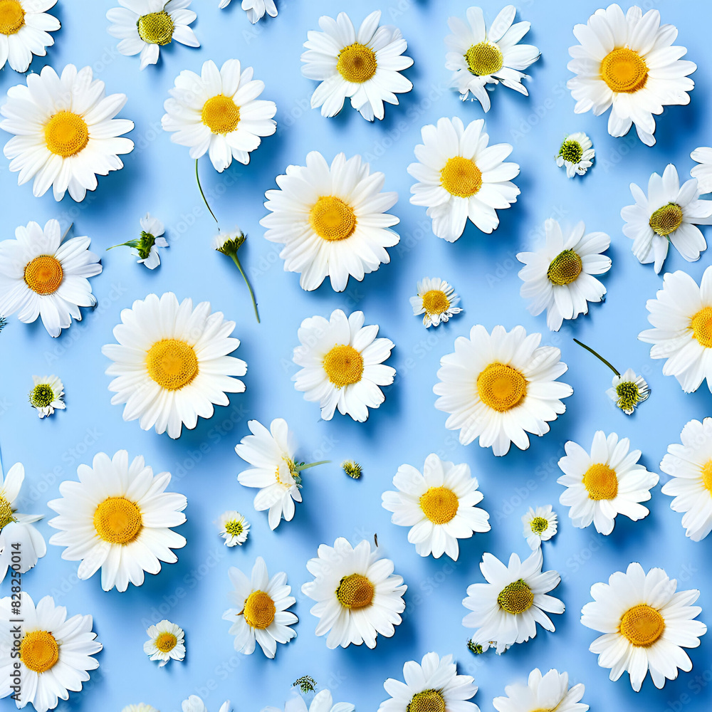 Fototapeta premium Daisy pattern, Flat lay spring and summer chamomile flowers on a sky blue background
